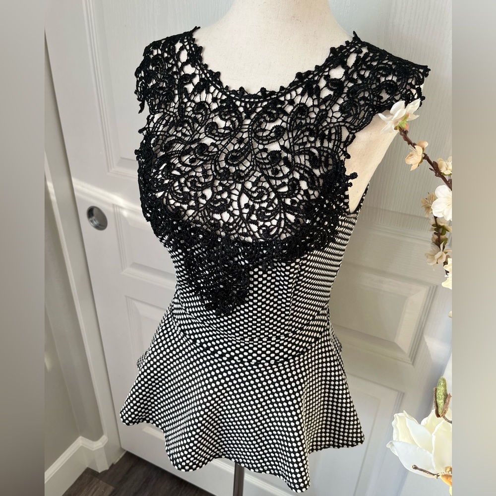 Black and White Pelpum Embroidered Lace Top - Picture 2 of 10